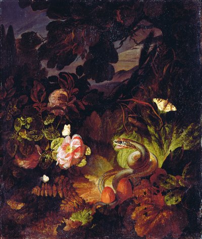 Flowers, Snake and Butterflies by Otto Marseus  van Schrieck